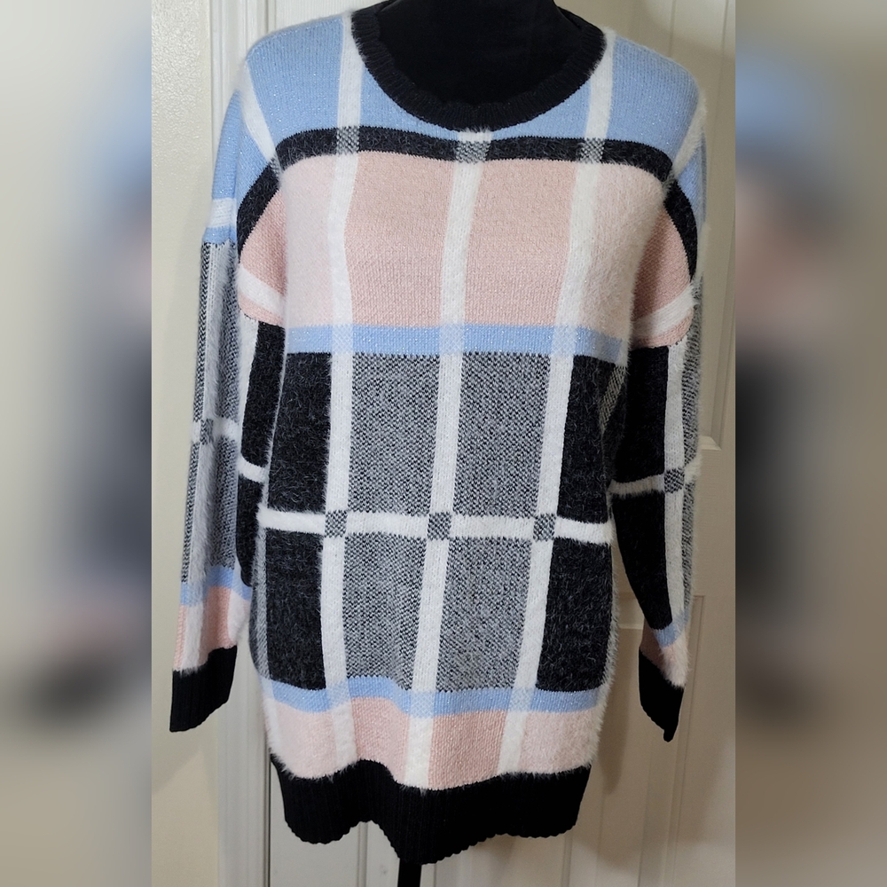 Elle Women Soft Oversized Pullover Sweater Baby Blue Pink White Size Large
